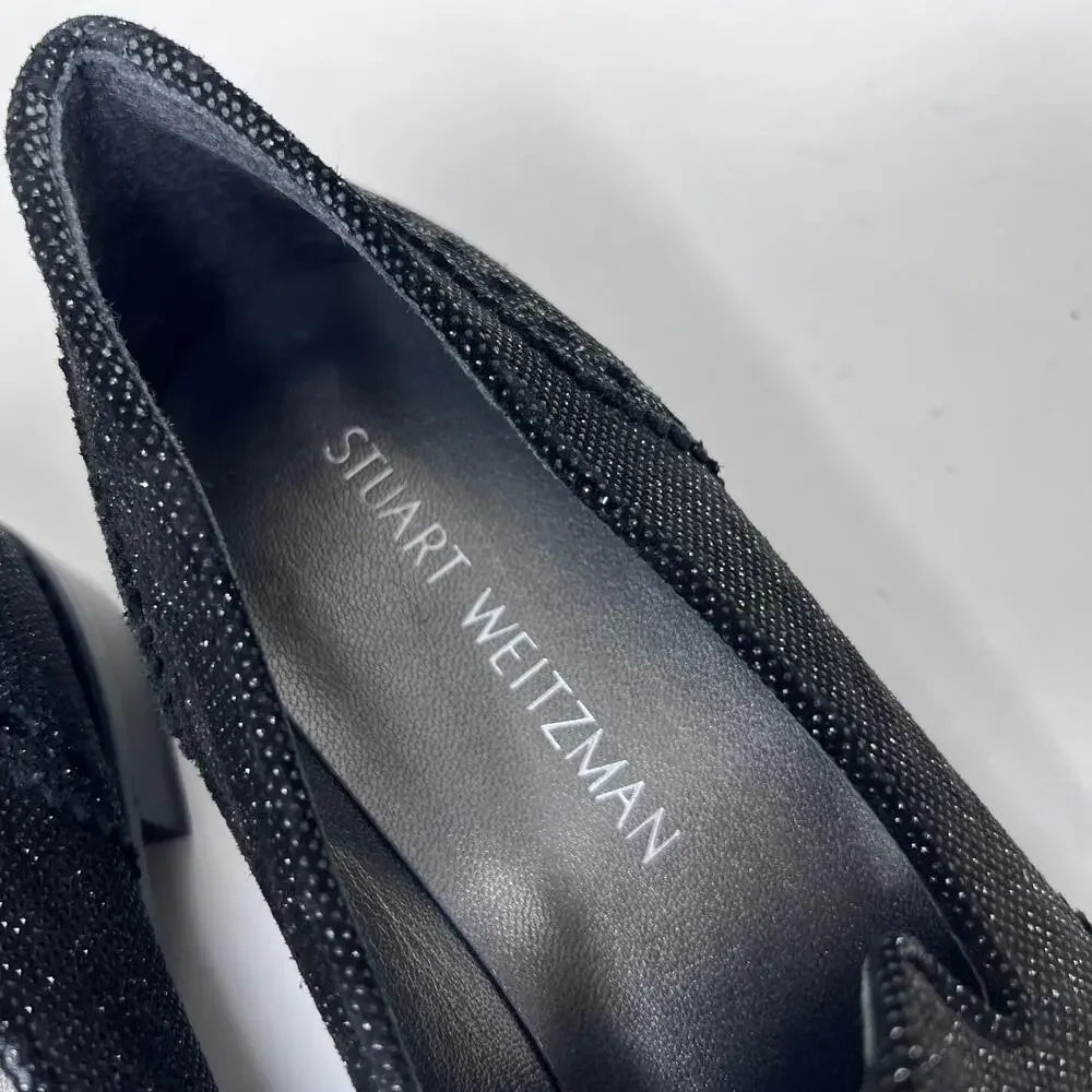 Stuart Weitzman Guy Thing Black Glitter Tassel Block Heel Loafers Womens 8.5 M‎